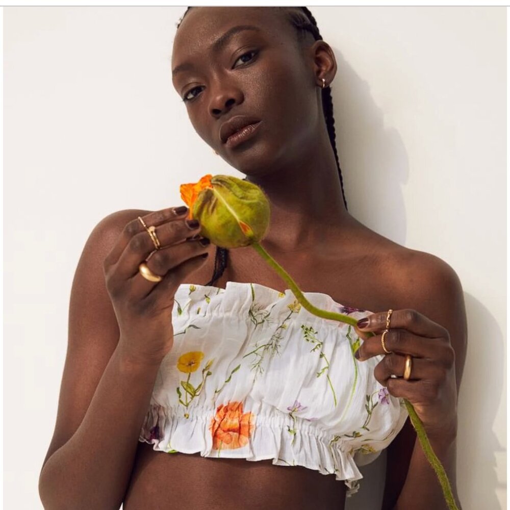 NWT H&M CONSCIOUS Draped Tube Floral Top WHITE  Meadow of Wildflower
